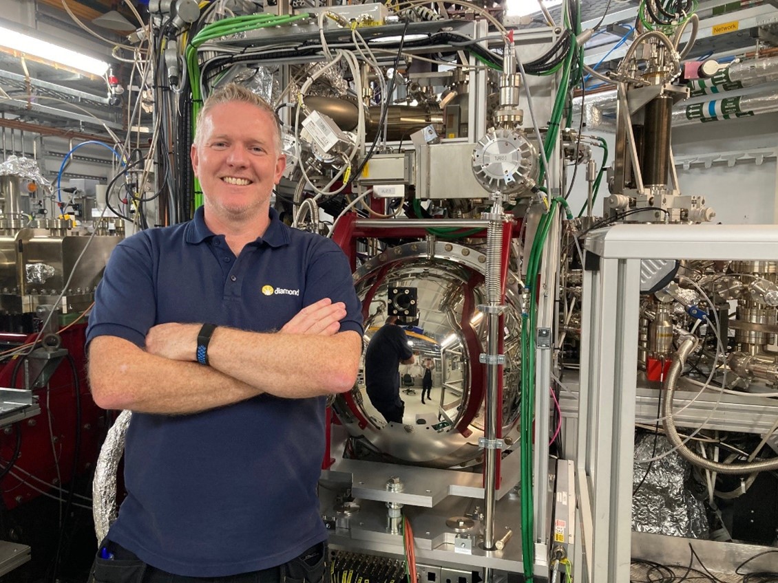 Dave McCue inside the experimental hutch of beamline I09 at Diamond Light Source.