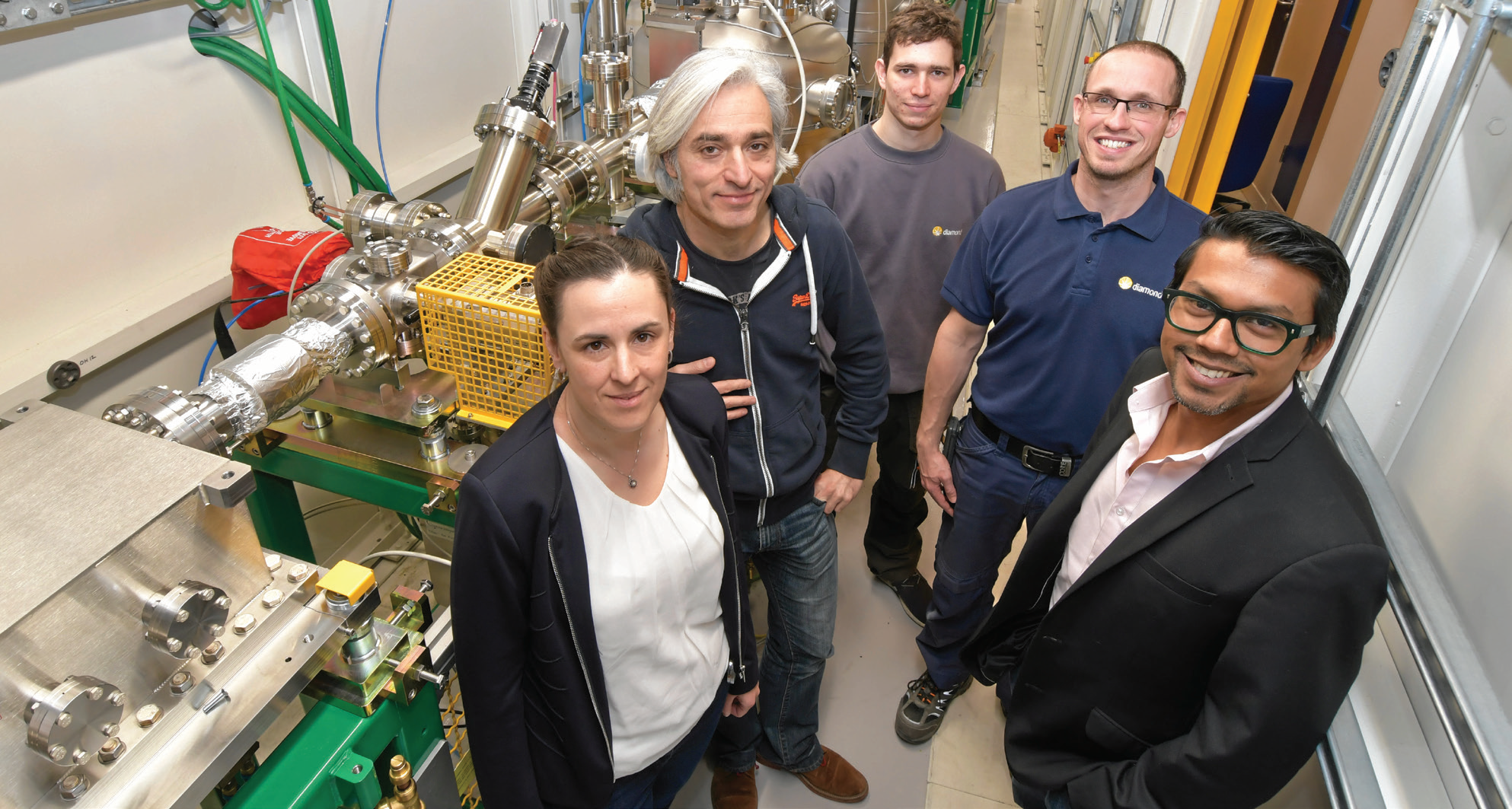DIAD beamline team, early 2019, left to right: Christina Reinhard, Michael Drakopoulos, Tom Yates, Pete Garland, Sharif Ahmed.