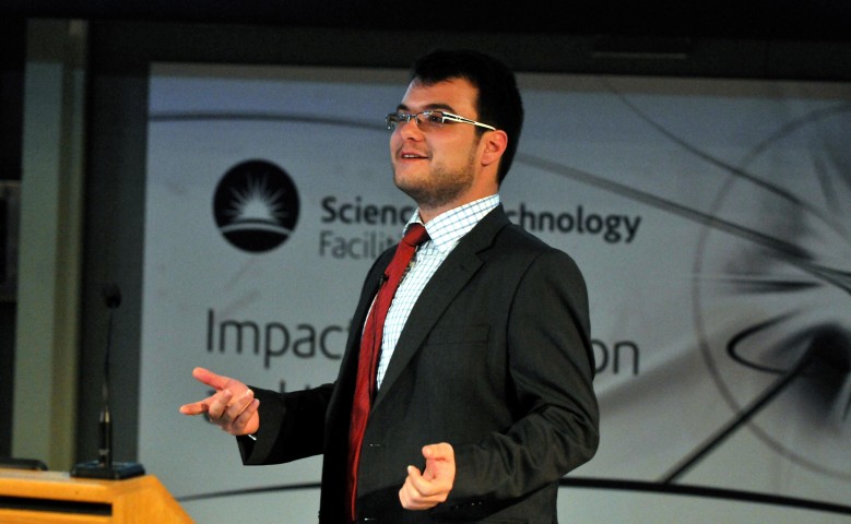 Nikolaos Baimpas, doctoral student in the Department of Engineering Science, University of Oxford, speaking on the research that led to him receiving the inaugural Infineum-Diamond prize for Innovative Automotive Research using Synchrotron Light. Nikolaos conducted experiments on I12, Diamond’s Joint Engineering, Environmental and Processing (JEEP) beamline, which showed how synchrotron light can deliver unprecedented insights into the inner workings of complex engineering machines.