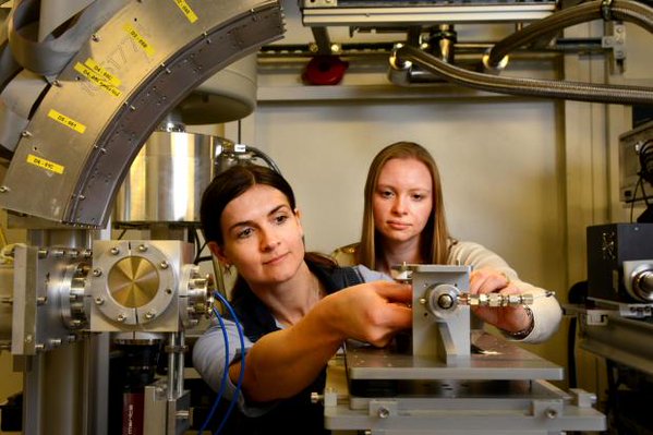 Claire Pizzey and Anna Kroner from the Industrial Liaison team working on a spectroscopy experiment on B18