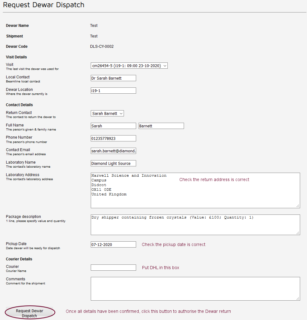 dewar dispatch details