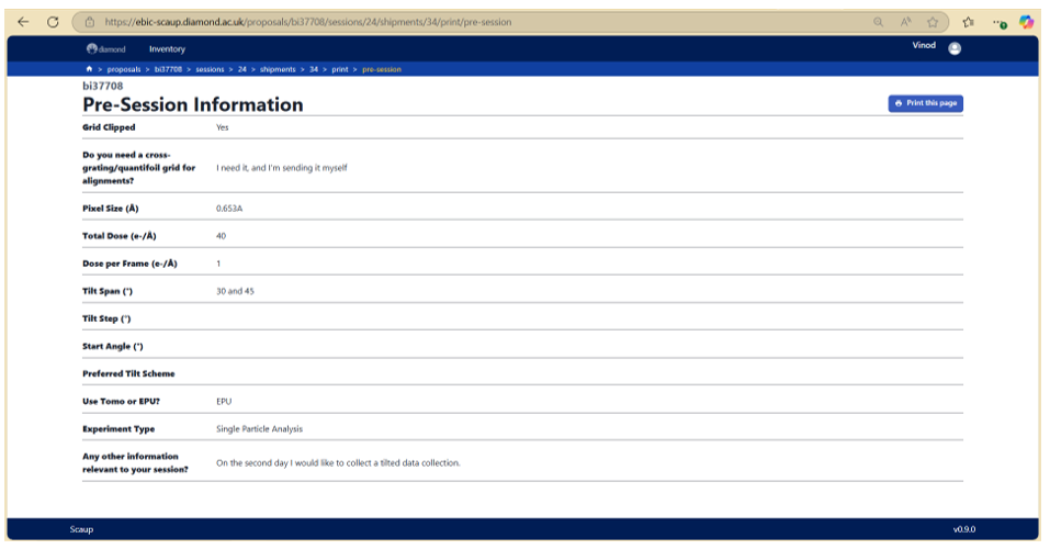 Scaup - print pre session information