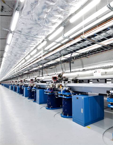 A view of the undulator at the Linac Coherent Light Source at the SLAC National Accelerator Laboratory, California. The undulator is 132 m long. Bunches of electrons from an even longer (1 km) linear accelerator are shot through this device at near the speed of light and converted into X-ray flashes that are a billion times brighter than previously attainable. The linear accelerator currently under construction at the European XFEL will be 1.7 km long, and the electron beam will pass through undulators that are up to 212 m long.
