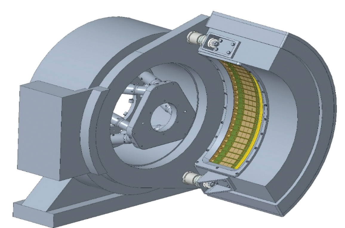 Figure 3: Engineering sketch of the
<br/>I15-1 arc detector structure. The
<br/>layout of the 24 hybrids, which
<br/>cover an angle of 110°, is clearly
<br/>visible.