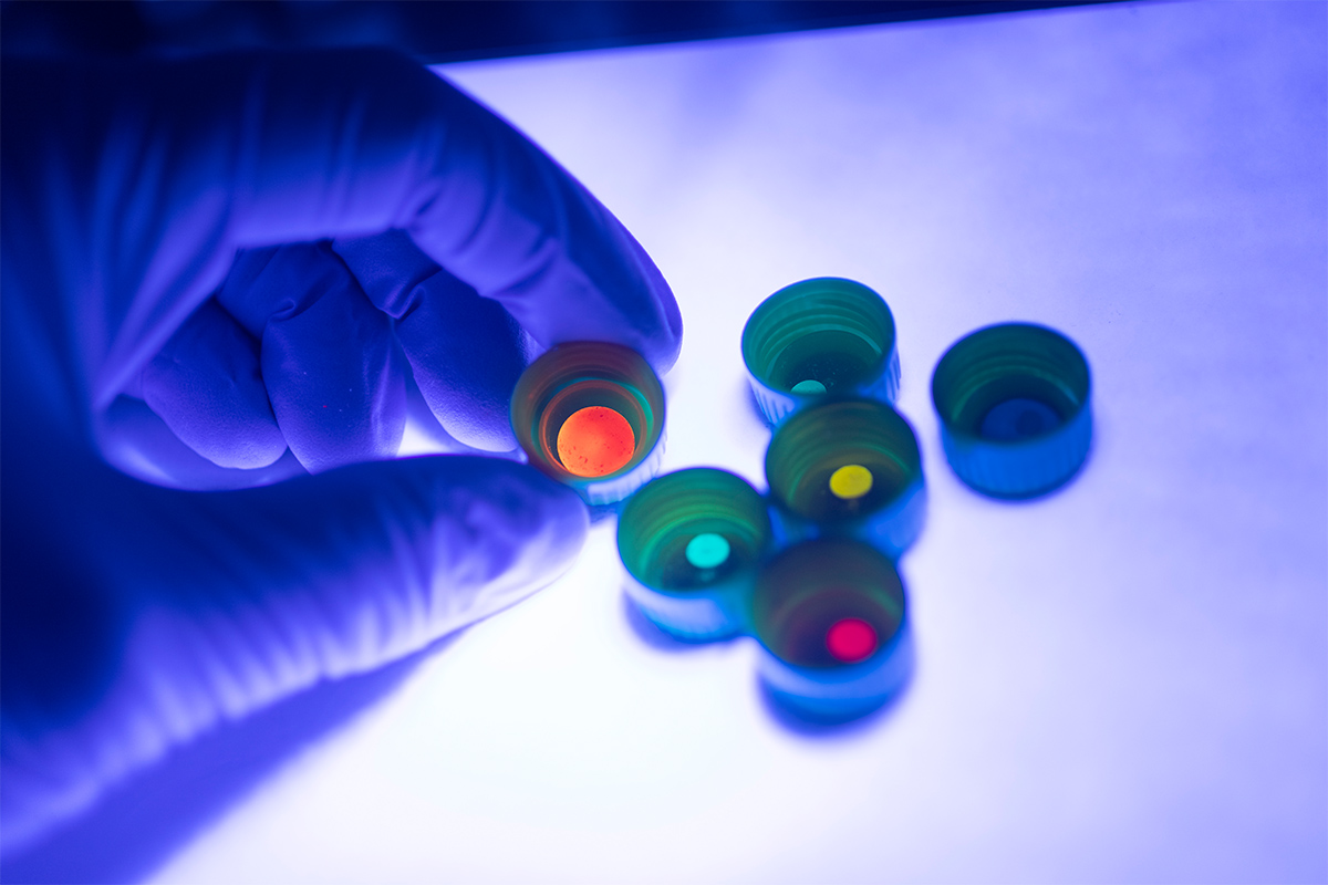 Examples of the fabricated glass composite shown under a UV light (black light) to reveal the emission of bright and pure colours. The colour of light emitted from each sample is determined by the chemistry and the size of the nanocrystals embedded in a metal-organic framework glass. <br/>Image: courtesy of University of Queensland. 