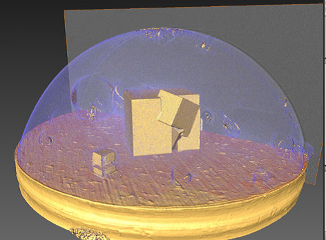 Figure 2: Tomography reconstruction of an aluminium pin topped with salt crystals growing in solution collected on I13 and visualised using Avizo.