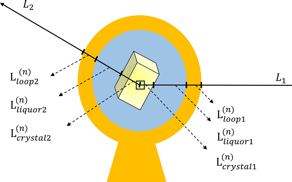 Fig. 2: A sketch illustrating the ray-tracing method used to calculate an absorption correction factor for a crystal voxel n. L(n)m1 and L(n)m2 represent the path lengths of the incident and diffracted X-ray beams through the material m (loop, liquor and crystal)