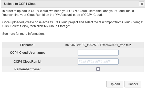 CCP4 Cloud Upload dialog