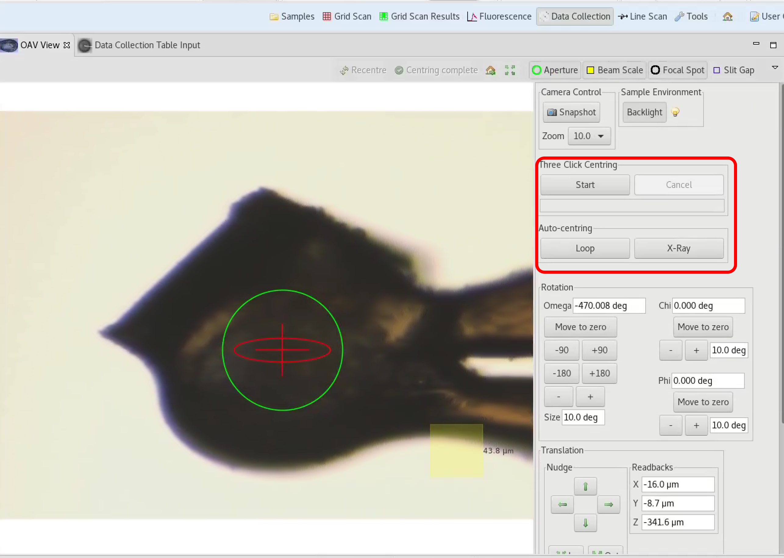 Data Collection OAV tab with centring options highlighted