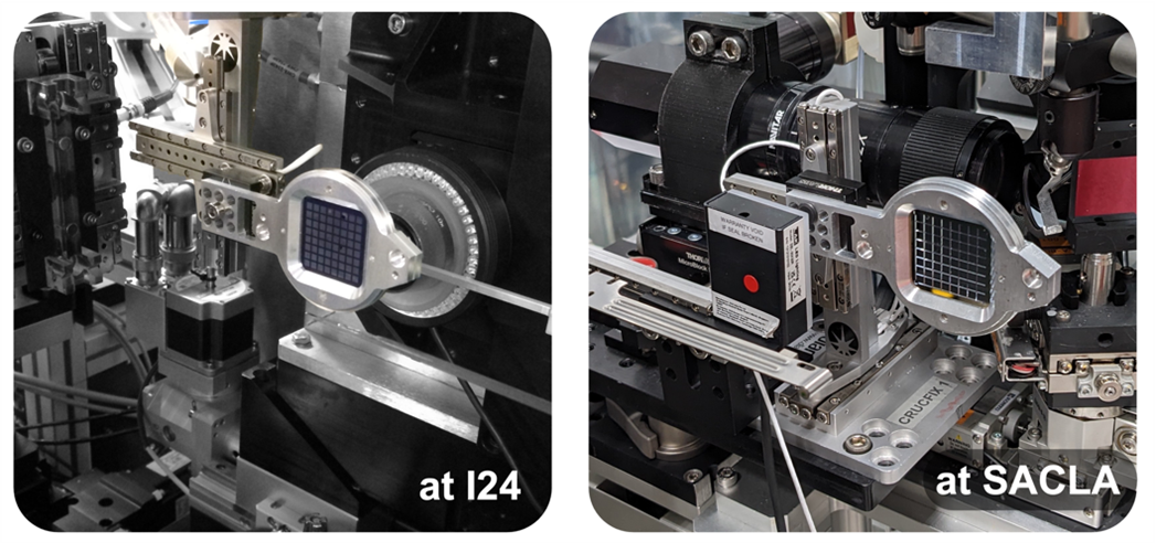 Diamond fixed target serial crystallography hardware in place at I24 (left) and at SACLA (right). The use of the same hardware and experimental approach at different sources, greatly simplifies the experiment.