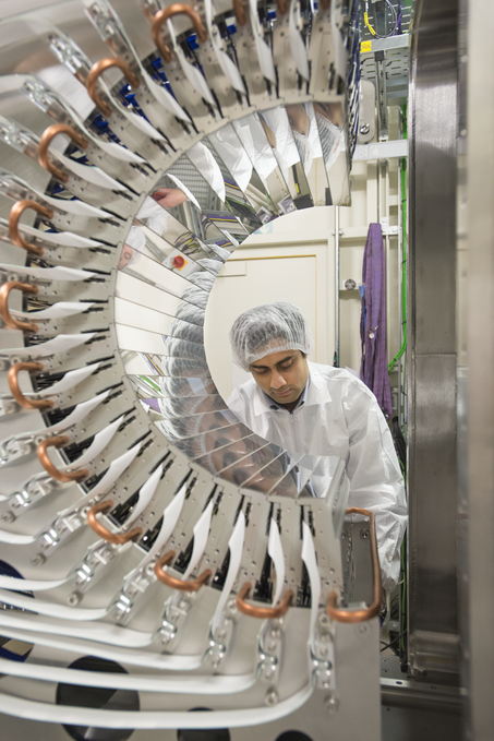 Vinay Grama, I23 beamline project engineer with the PILATUS 12M detector during installation.