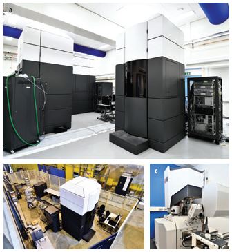 Figure 4: (a) eBIC Krios hall housing Titan Krios II, III and IV microscopes; (b) Titan Krios I<br/>located next to I20 in the experimental hall of Diamond; (c) the SCIOS cryo focused ion beam<br/>scanning electron microscope at eBIC.
