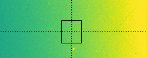A typical detector image marked with cross-hairs in the centre and a region-of-interest box. The small yellow dot is a resonant x-ray magnetic diffraction peak, on a high fluorescent background.