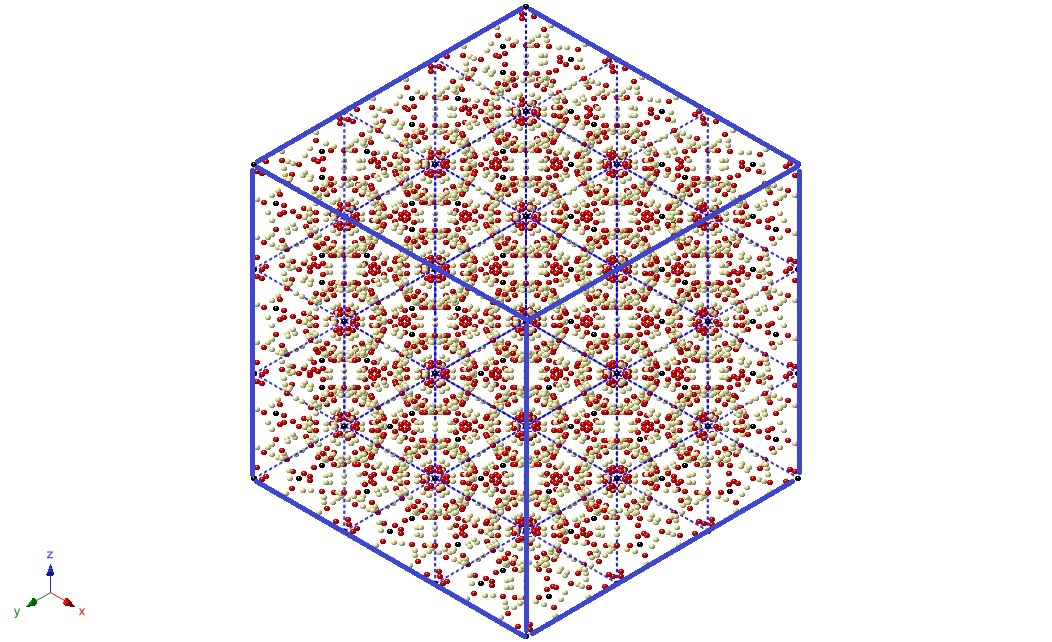 Crystal structure of CO2 clathrate hydrate. Image shows the view along the crystallographic (111) direction of a cube (outlined in blue) made up of 3x3 unit cells. The cage structure is formed by the interaction of CO2 gas with water molecules in ice. Carbon atoms are shown in black, oxygen atoms in red and hydrogens in yellow.