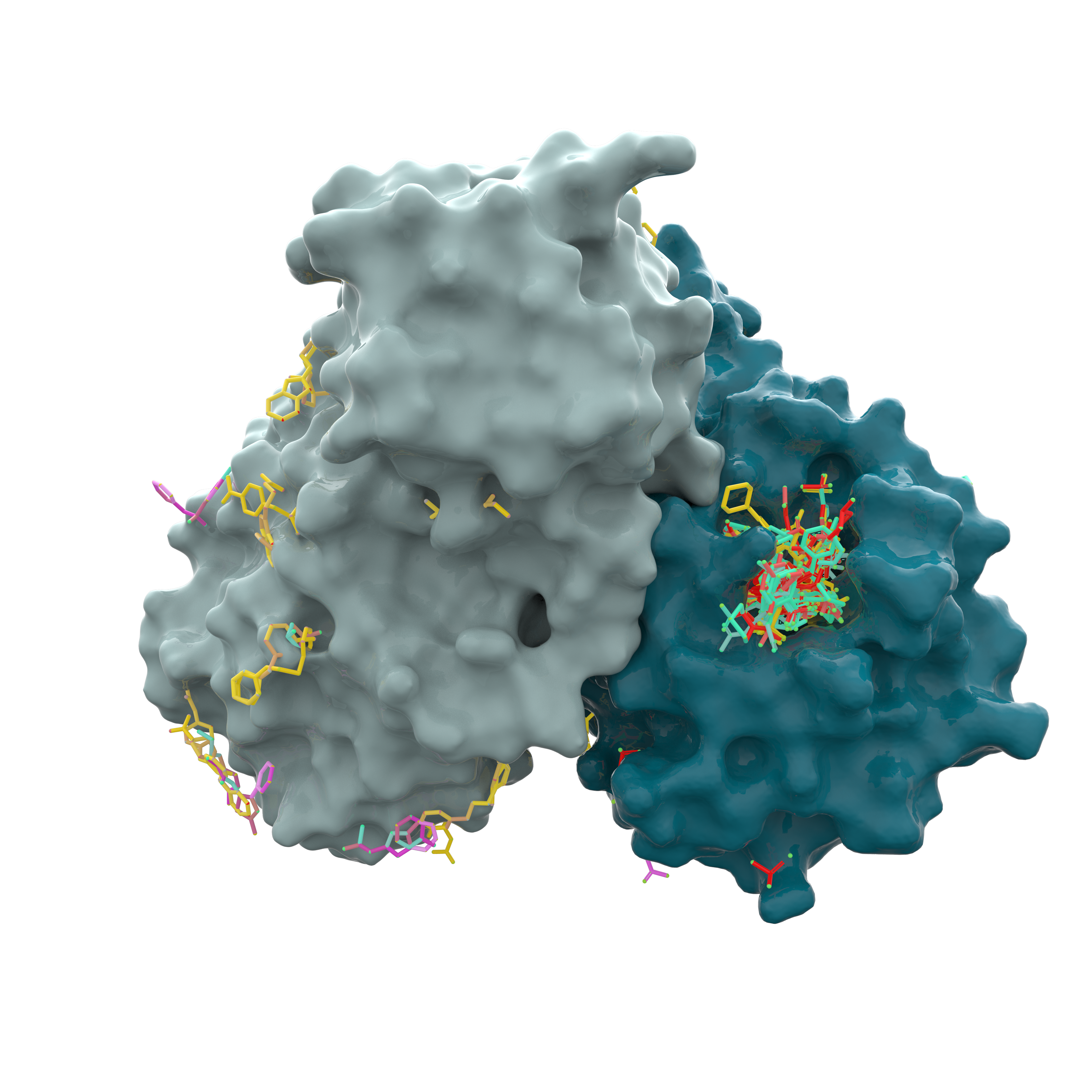 Representation of the chemicals binding to the main protease of the SARS-CoV-2 virus. Copyright: Diamond Light Source, 2020