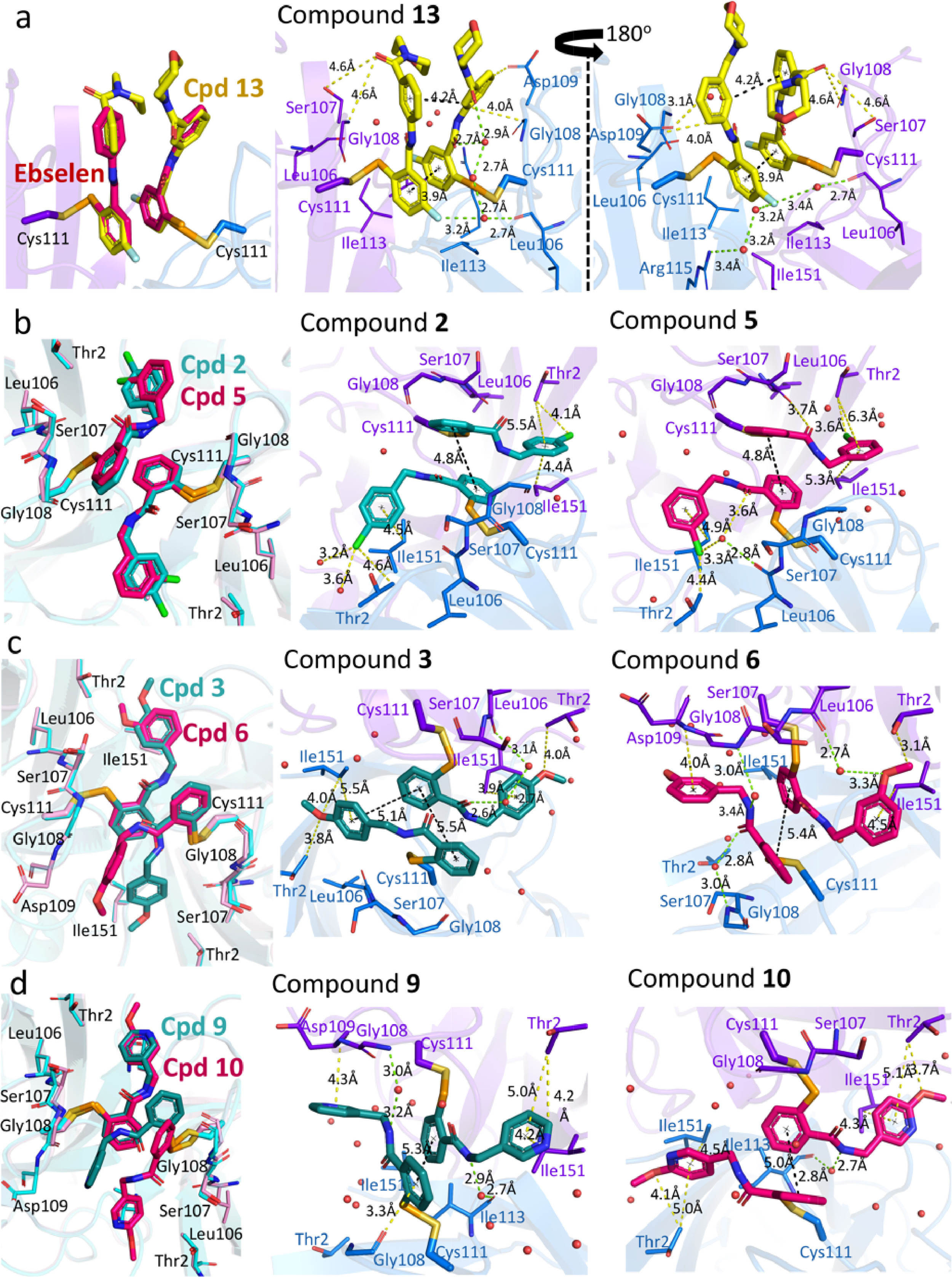 Superimposed and individual crystal structures of A4V SOD1 bound with compounds. a Ebselen (pink) and compound 13 (yellow). b Compounds 2 (cyan) and 5 (pink). c Compounds 3 (cyan) and 6 (pink). d Compounds 9 (cyan) and 10 (pink). Surrounding amino acid residues of each monomers are coloured in purple and blue. Waters are represented as red dots. Hydrogen bonds are illustrated as green dashed lines. The distances between atoms and between aromatic rings are illustrated as yellow and black dashed lines, respectively.