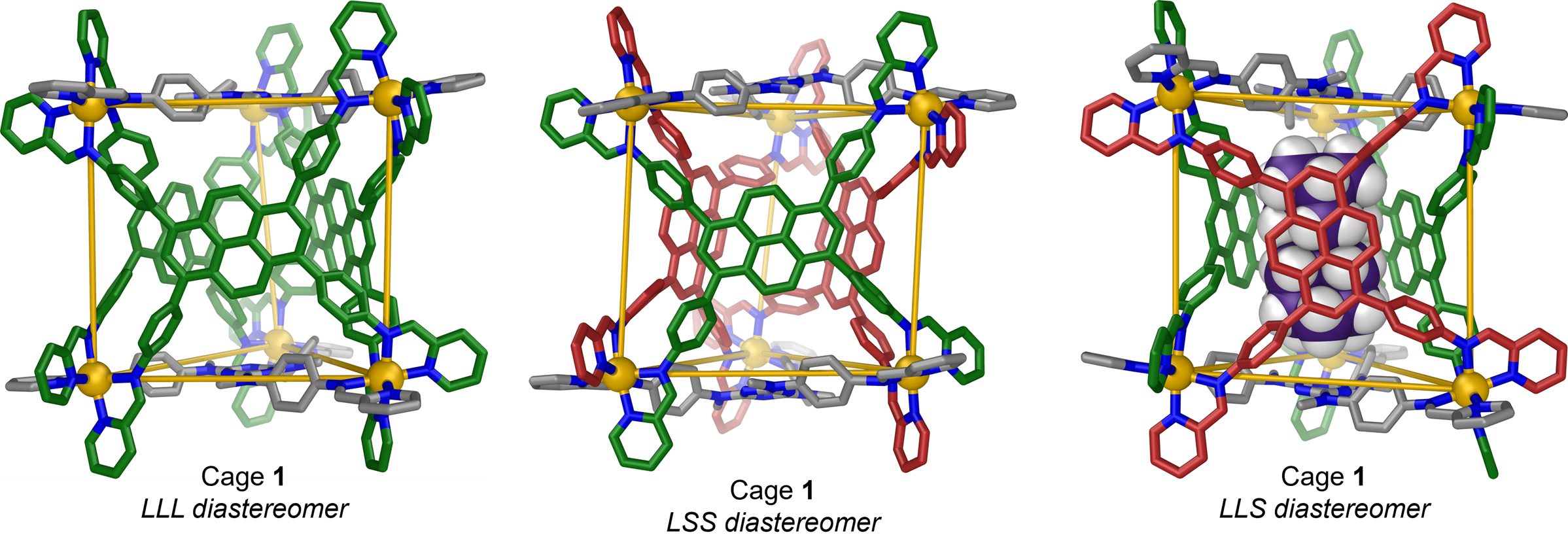 Fig. 2: Single-crystal X-ray structures of the LLL, PPL and LLP configurations of 1, determined at Diamond Light Source.