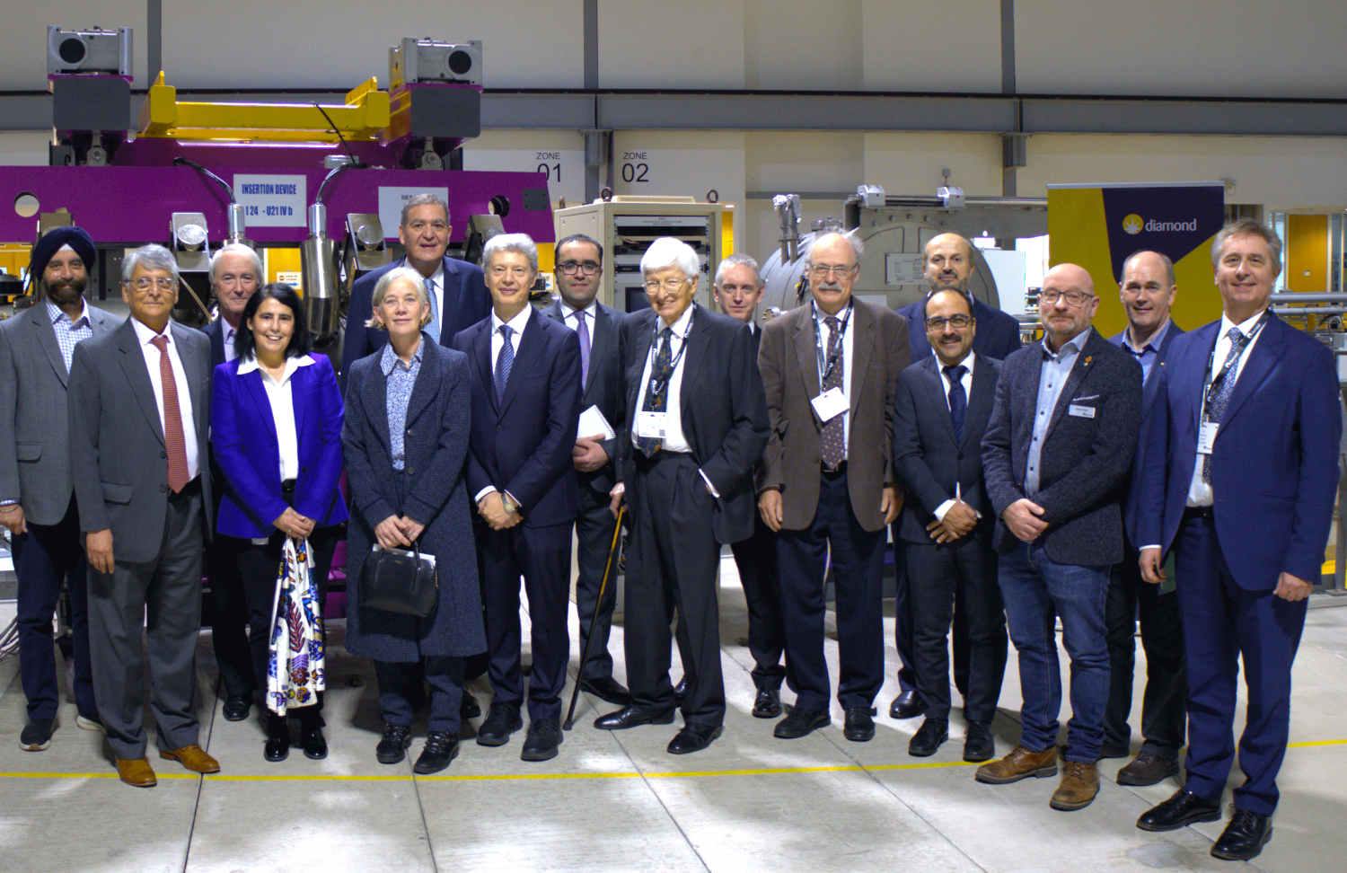 L-R: Dr Kawal Sawhney (head of the Optics and Metrology group), Professor Samar Hasnain (UK representative on the SESAME Council), Dr Richard Walker (Diamond Technical Director), Professor Sofia Diaz-Moreno (Spectroscopy group leader), Dame Angela McLean (UK government chief scientific adviser), Dr Khaled Toukan (Director of SESAME), Professor Gianluigi Botton (CEO of Diamond Light Source), representative of the Jordan ambassador to the UK, Professor Sir Chris Llewellyn-Smith (former president of SESAME Council), Professor Michael Fitzpatrick (Diamond board member), Professor Sir Mark Walport (foreign secretary and vice president of the Royal Society) Dr Maher Attal (SESAME Technical Director), Dr Adrian Mancuso (Diamond Physical Science Director), Dr Martin Walsh (interim Diamond Life Science Director), Professor Andy Dent, Dr Andrea Lausi (SESAME Science Director)