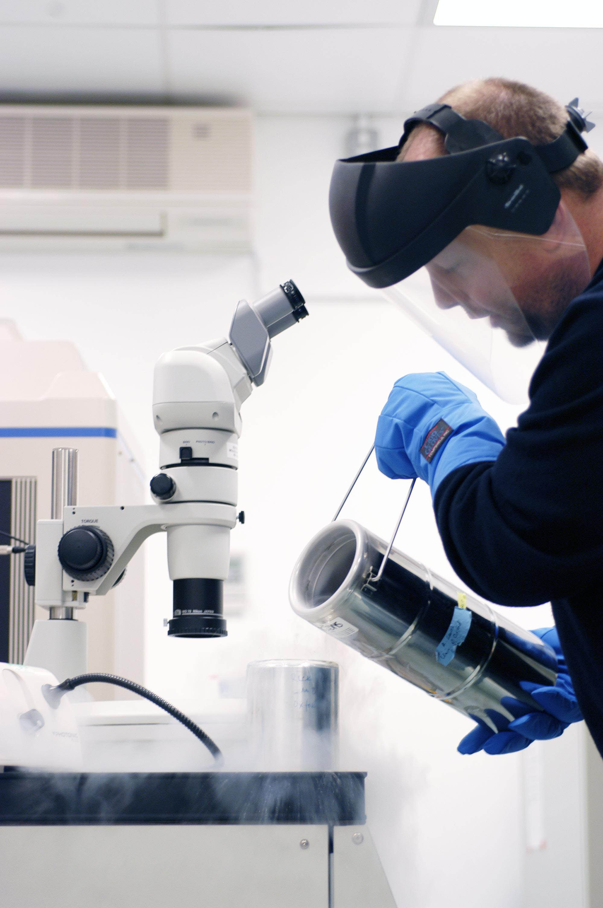 The senior author of the study, Prof Rick Lewis, preparing to freeze some crystals in his laboratory.