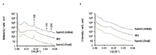 Figure 2: SAXS of more complex atmospheric aerosol proxies collected at B21. a Fatty acid/sugar (sodium oleate:oleic acid:fructose ratio 1:1:1.8) and b fatty acid/sugar/hydrocarbon (sodium oleate:oleic acid:fructose:hexadecane ratio 1:1:1.8:0.6) mixtures based on aerosol compositions found in the Chinese city Chongqing in winter. In each experiment, SAXS data were obtained from capillary coatings first in a humidified environment (N2, relative humidity, RH, >90%), that was then dried (N2, RH <20%) and finally re-humidified (N2, RH >90%). The SAXS patterns are shown in sequence from top to bottom in each case.