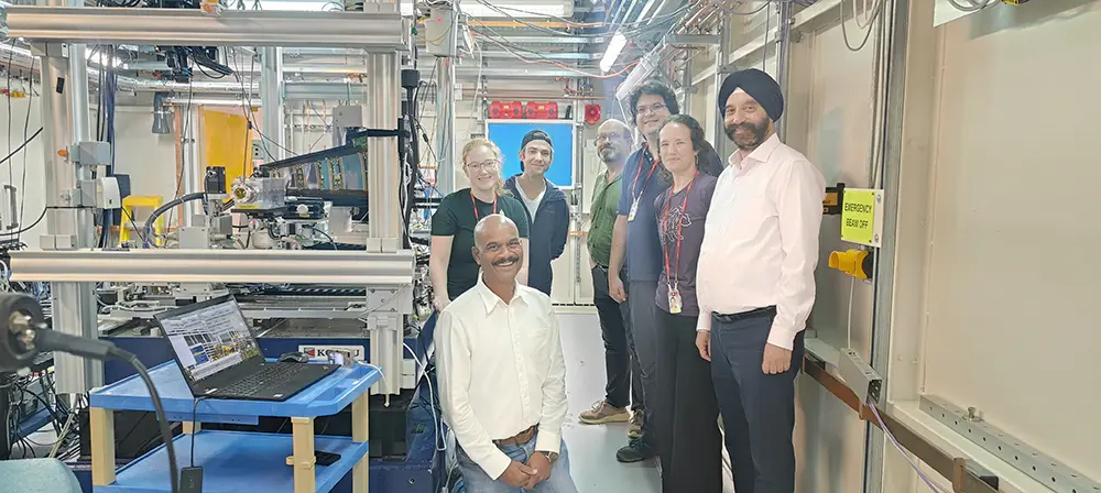 The team from Triumf with B16 staff. L-R: Vishal Dhamgaye, Emily Filmer, Matthew Basso, Bruce Gallop, Dennis Sperlich, Luise Poley and Kawal Sawhney.