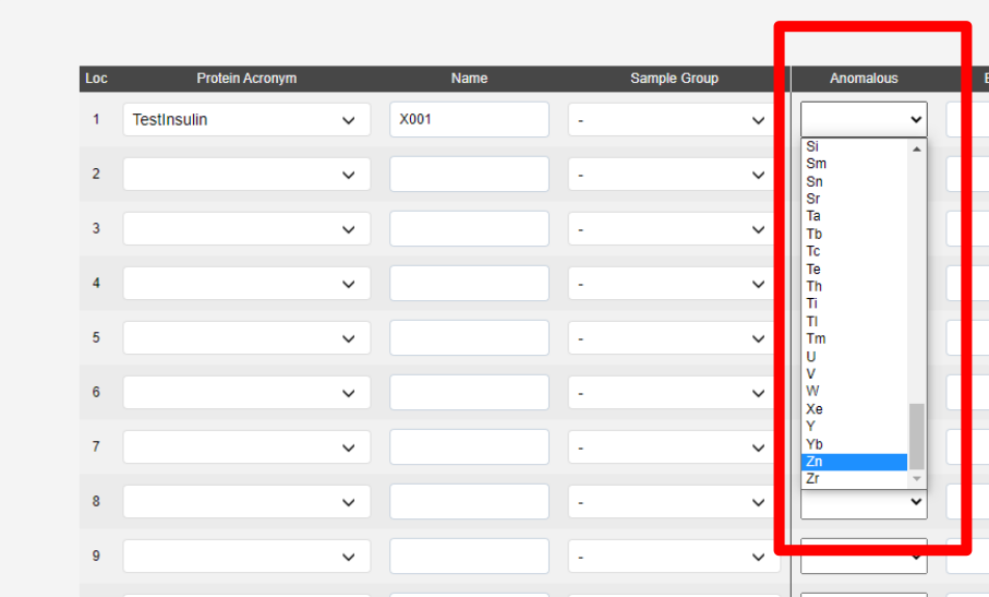 anomalous scatterer dropdown