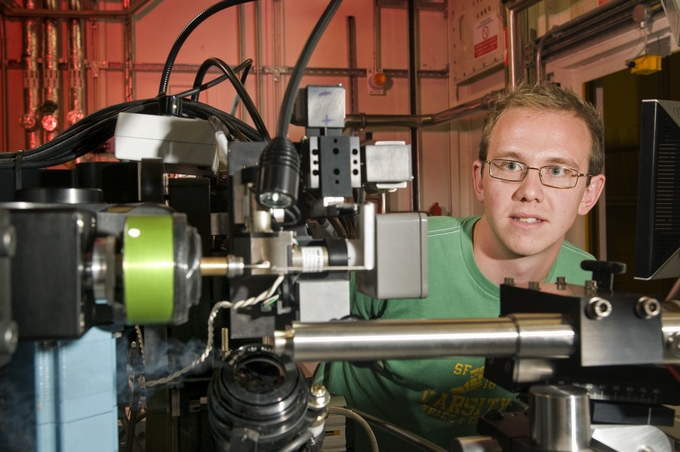Mark Warren is pictured inside I19's experimental hutch, looking at the sample in position.