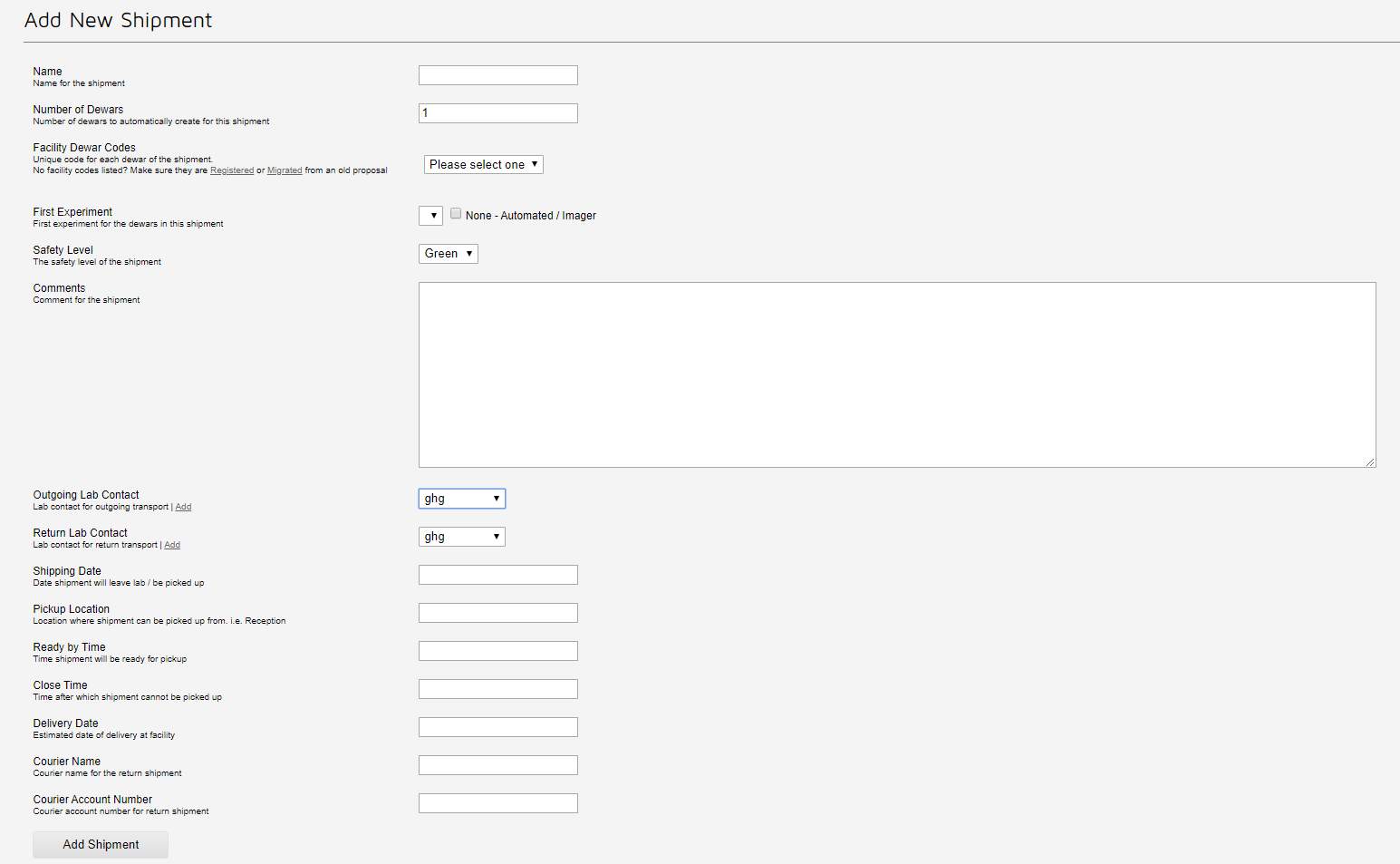 Add shipment form