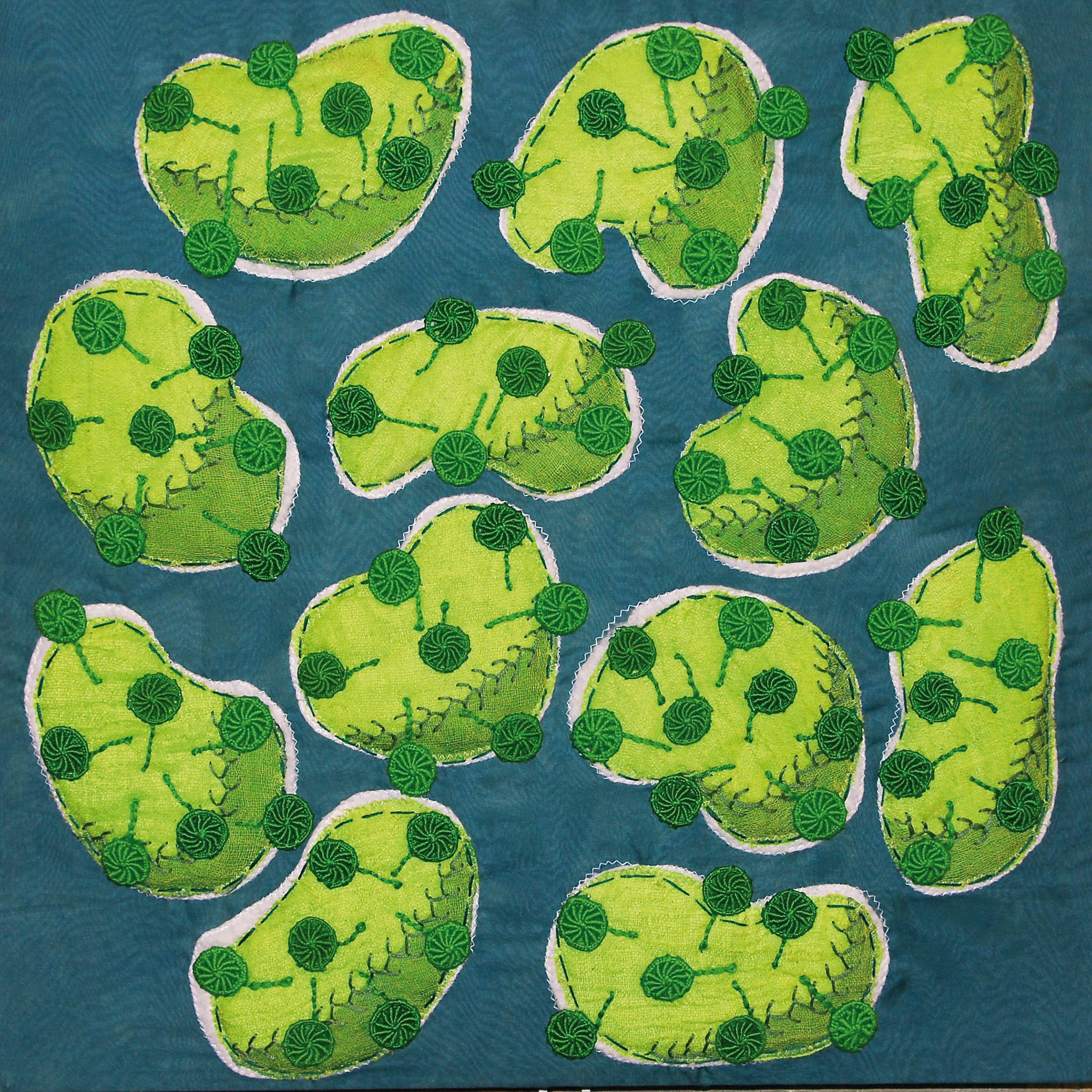 A cross section of the flu virus depicted in textile art