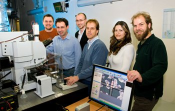 Left to right: Pijanka Jacek, Keele University; Josep Sul&eacute;-Suso, University Hospital of North Staffordshire and Keele University; Jacob Filik, PDRA, Diamond; Gianfelice Cinque, Principal Beamline Scientist for B22; Katia Wehbe, Senior Support Scientist, Diamond and Mark Frogley, Senior Beamline Scientist, Diamond. 
