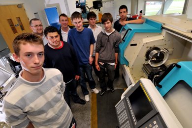 From left to right: Adam Taylor, Paul Amos (Diamond engineer), Adam Churchman, Mike Van de Mortel (existing apprentice), Richard Foggin, Luke Fry, Jamie Nutter and Paul Cross