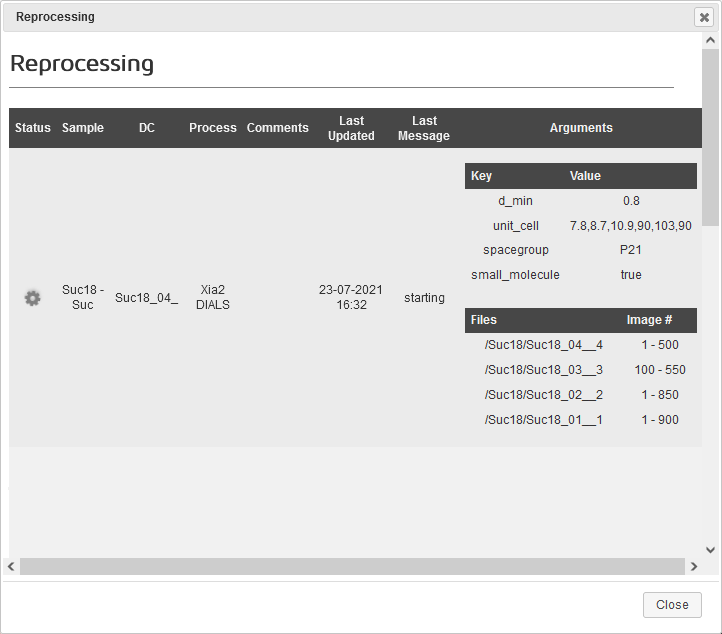Reprocessing page  showing status of jobs