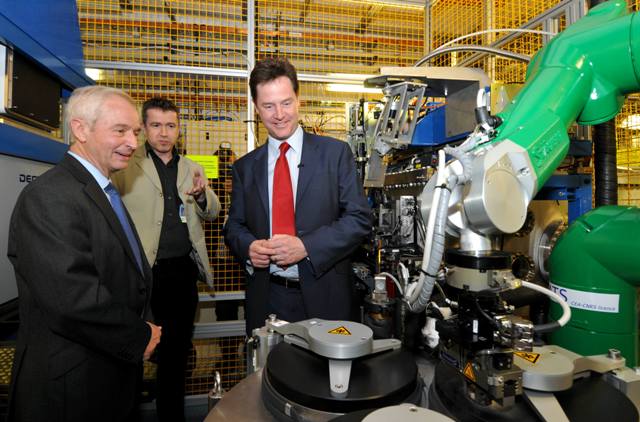 Pictured, from left to right, Gerd Materlik, Gwyndaf Evans and Nick Clegg, inside the I24 beamline