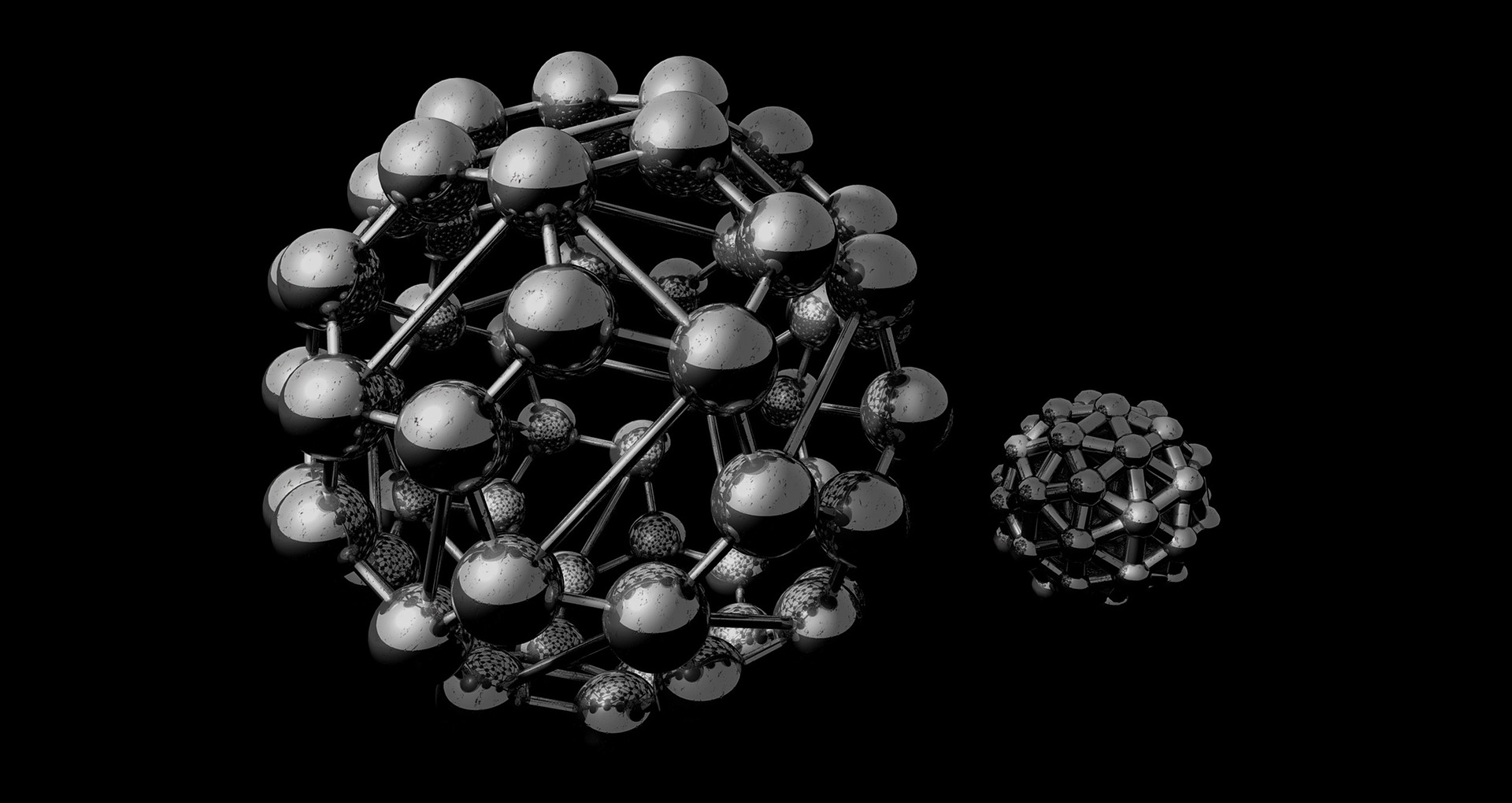 A representation of a "bucky ball" or fullerene molecule, commonly used as charge acceptors in solar panels.