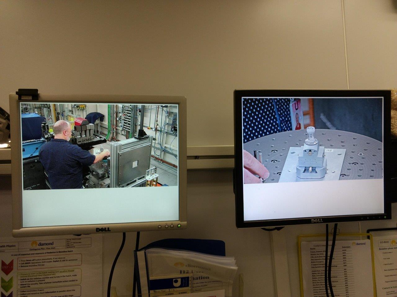 View from the monitors in the experimental hutch as Dr Ryan Zeigler prepares the samples for the experiment in the beamline