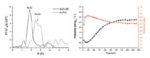 (a) k3- weighted c EXAFS Fourier transform of aqua regia prepared 1% Au/C catalyst and Au foil standard (b) Normalised white line intensity correlated with VCM productivity over the course of the reaction induction period.